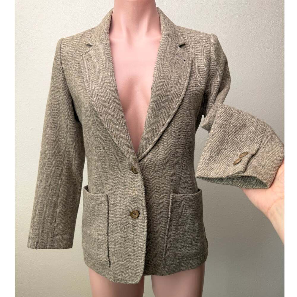 Vingt Cinq Taupe Herringbone Wool Two Button Blazer Women’s US XS